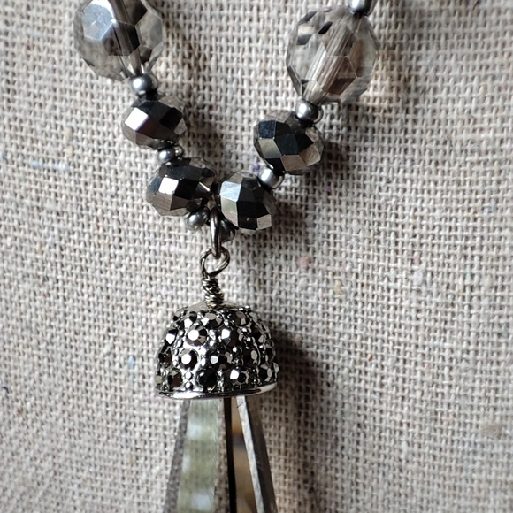 Gray Oversized Crystal Teardrop Opera Length Necklace Vintage Silver Tone Glass - Picture 5 of 16
